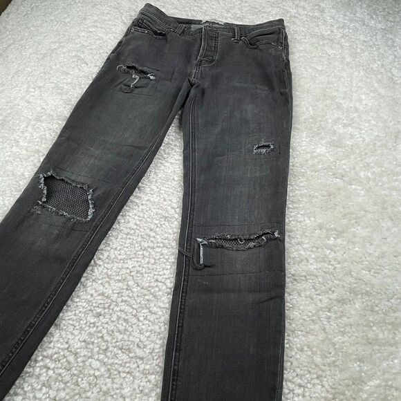 Free People Fishnet Patch Skinny Jean Button Fly Washed Out Black - Picture 10 of 15